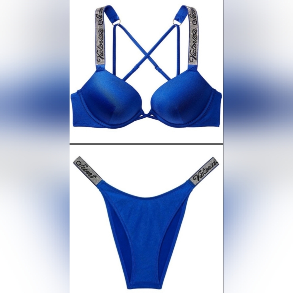 32B/XS VS Swim Shine Strap Bombshell Brazilian Bikini Set Blue Tropical